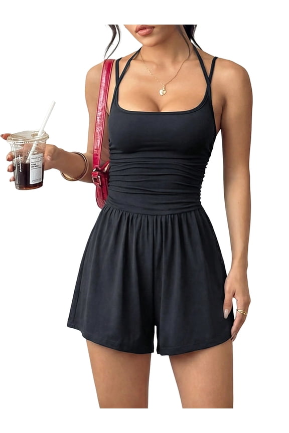 Women's Sleeveless Athletic Rompers Spaghetti Strap Shorts Jumpsuit One- Outfits One-Piece for Summer Black M