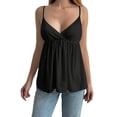 thumbnail image 1 of Women's Sleeveless Babydoll Deep Neck Spaghetti Strap Flared Hem Flowy Tank Top for Daily Wear Black M, 1 of 7