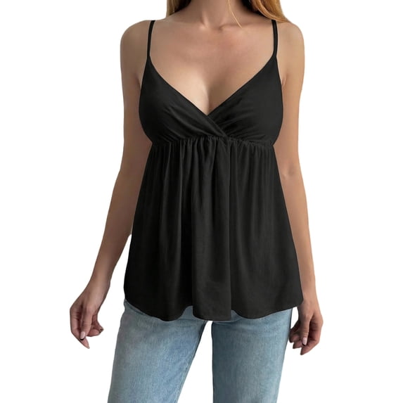 Women's Sleeveless Babydoll Deep Neck Spaghetti Strap Flared Hem Flowy Tank Top for Daily Wear Black M