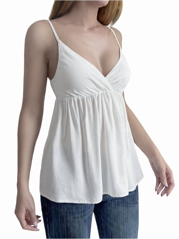 Women's Sleeveless Babydoll Deep Neck Spaghetti Strap Flared Hem Flowy Tank Top for Daily Wear White S