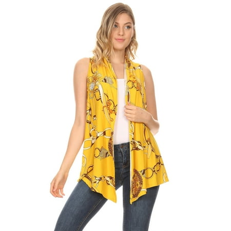 Women's Sleeveless Draped Neck Sweater Vest with Pattern Print – Open Front