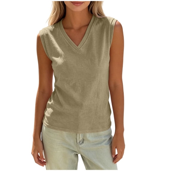 Women's Sleeveless Basic Tank Tops Summer Petite Plain V Neck Tee Casual Daily Wear Tops Brown