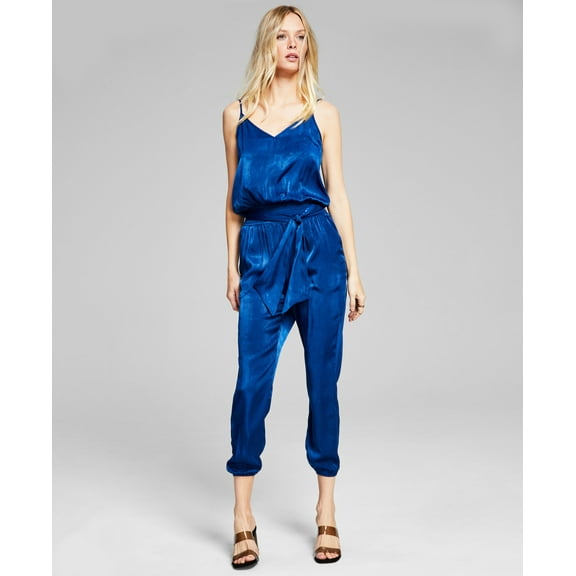 Women's Sleeveless Belted Satin Jumpsuit Navy Peony S