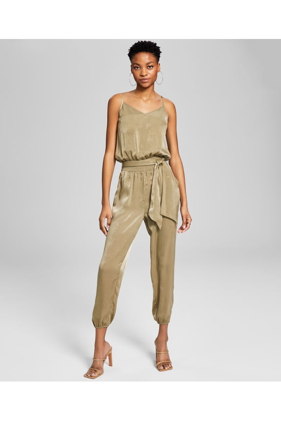 Women's Sleeveless Belted Satin Jumpsuit Olive M