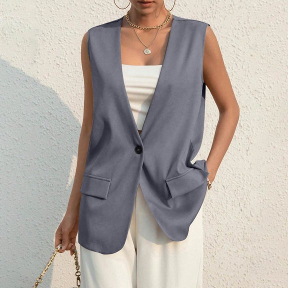 Women's Sleeveless Blazer Vest Casual Open Front Single Button Summer Jacket with Pockets
