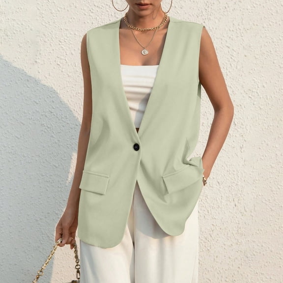 Women's Sleeveless Blazer Vest Casual Open Front Single Button Summer Jacket with Pockets