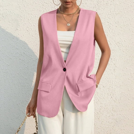 Women's Sleeveless Blazer Vest Casual Open Front Single Button Summer Jacket with Pockets