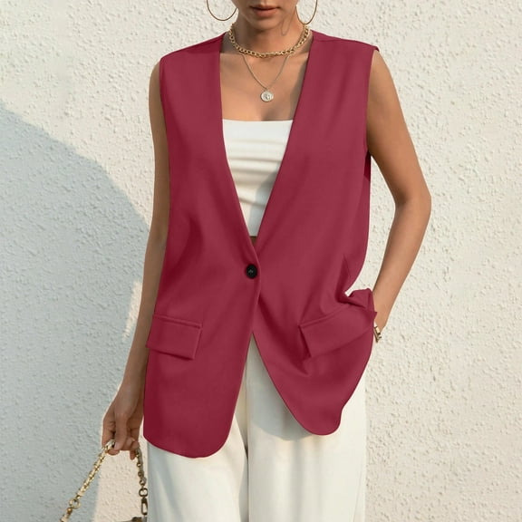 Women's Sleeveless Blazer Vest Casual Open Front Single Button Summer Jacket with Pockets