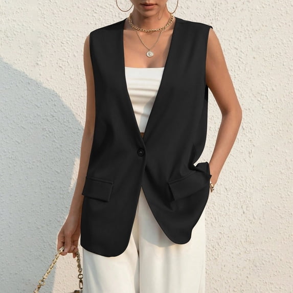Women's Sleeveless Blazer Vest Casual Open Front Single Button Summer Jacket with Pockets