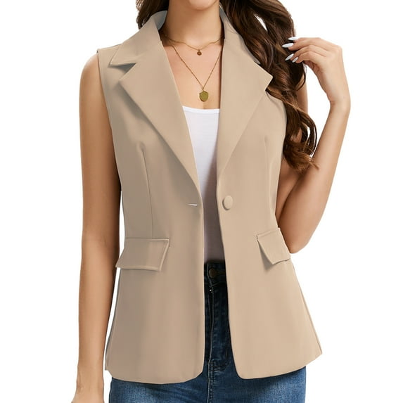Women's Sleeveless Blazer Vest Lightweight Fully Lined Single Button Fashion Casual Summer Work Office Jacket with Pockets