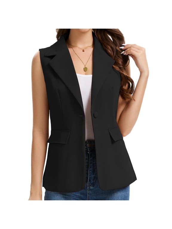 Women's Sleeveless Blazer Vest Lightweight Fully Lined Single Button Fashion Casual Summer Work Office Jacket with Pockets