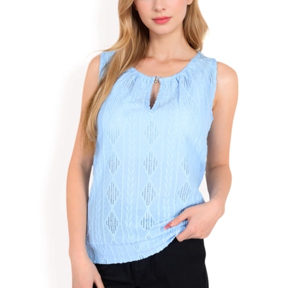Women's Sleeveless Blouse with Keyhole Neckline and Geometric Eyelet Design- Light Blue,Small
