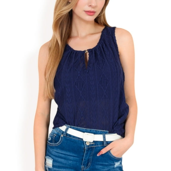 Women's Sleeveless Blouse with Keyhole Neckline and Geometric Eyelet Design- Navy,Large