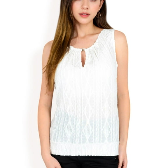 Women's Sleeveless Blouse with Keyhole Neckline and Geometric Eyelet Design- White,Small