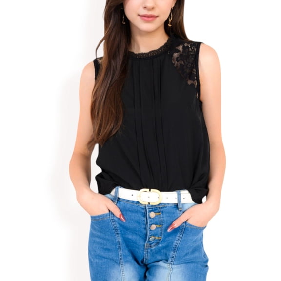 Women's Sleeveless Blouse with Lace Yoke and Pleated Front- Black,Medium