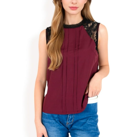 Women's Sleeveless Blouse with Lace Yoke and Pleated Front- Burgundy,Small