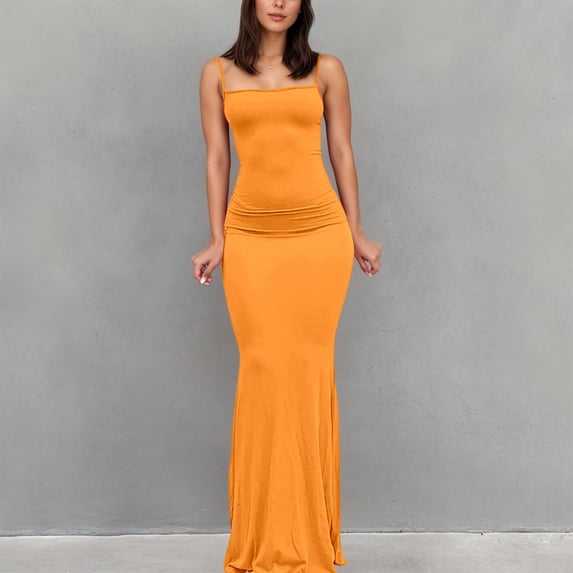 Women's Sleeveless Bodycon Corset Maxi Dress, Summer Casual Dresses, Spaghetti Strap Ruched Elegant Evening Wedding Guest Long Formal Dresses (Orange,S)