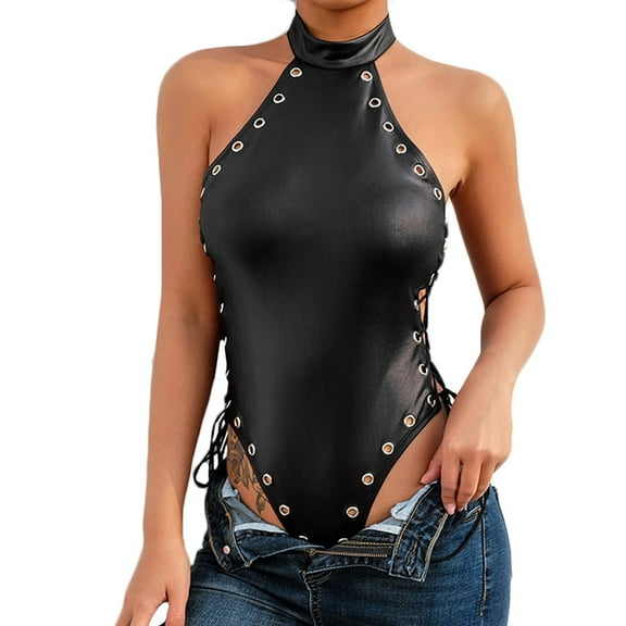 Women's Sleeveless Bodysuit Lace Up PU Leather Sexy Leotard Bodysuit Body Tops Valentines Day Gifts