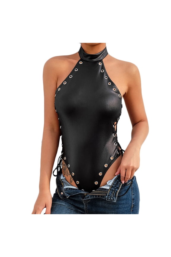 Women's Sleeveless Bodysuit Lace Up PU Leather Sexy Leotard Bodysuit Body Tops Valentines Day Gifts