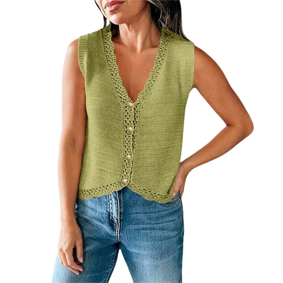 Women's Sleeveless Button Down Cropped Sweater Vest Cardigan Waistcoat,Scalloped V Neck Knit Vest for Women, Cropped Hollow Out Sweater Vest, Lightweight Textured Knit Beach Vacation Wear Light Green