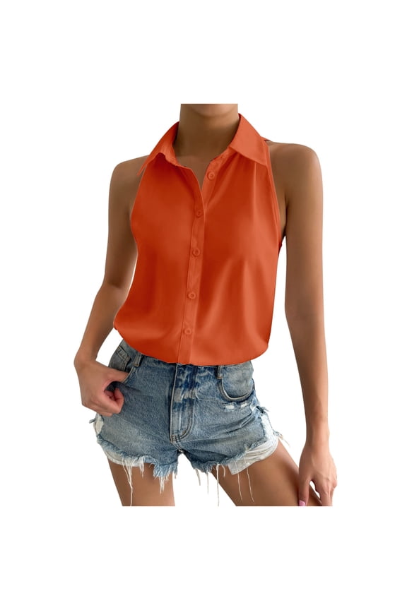 Women's Sleeveless Button Down Blouse - Solid Color Loose V Neck Tank Top for Work, Polyester Spandex, S-XXXL
