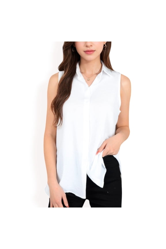 Women's Sleeveless Button-Down Collared Top with Lightweight Textured Fabric and Classic Design- White,Small