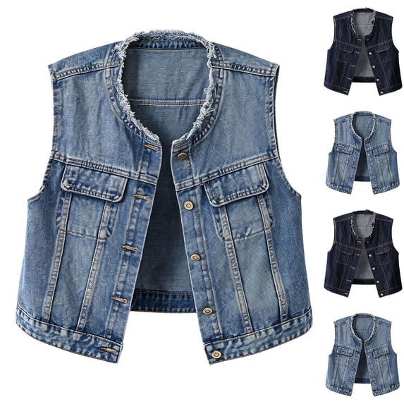 Women's Sleeveless Button Down Denim Vest Crew Neck Classic Jean Jacket Casual Waistcoat with Pockets S-5XL Navy