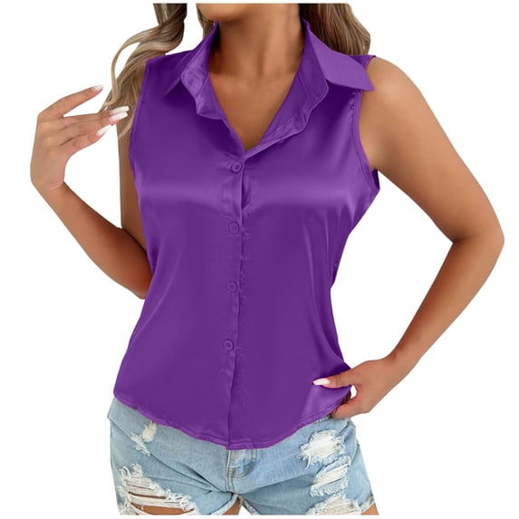 Women’s Sleeveless Button Down Shirts Casual Collared Tank Top V Neck Summer Blouses Work Office Satin Tops