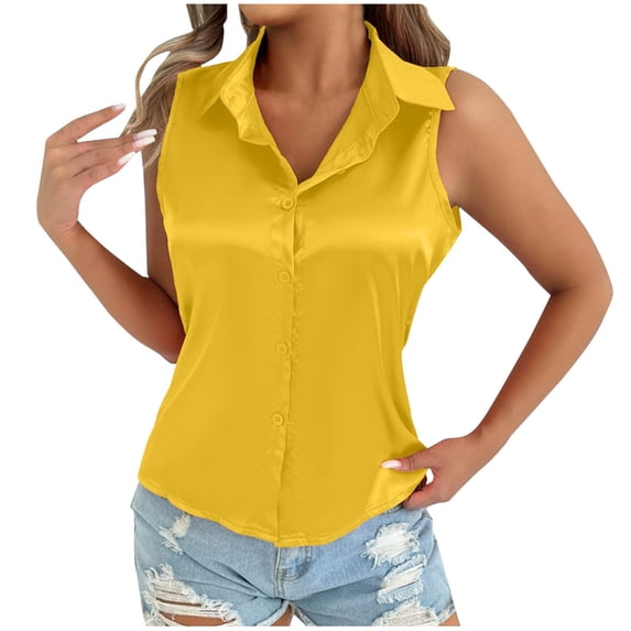 Women’s Sleeveless Button Down Shirts Casual Collared Tank Top V Neck Summer Blouses Work Office Satin Tops