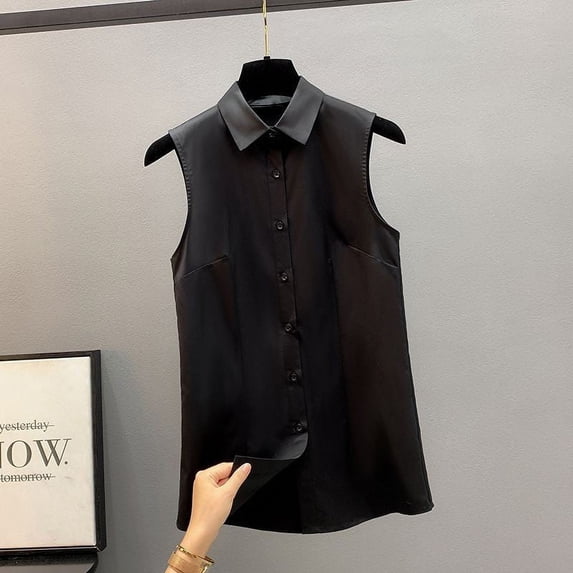Women's Sleeveless Button Down Solid Casual Loose V Neck Tank Blouses For Work Plus Size Tops, XL, BK5