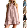 thumbnail image 1 of Women's Sleeveless Button up Mini Dress Stand Collar Ruffle Hem Loose Tank Dress, Solid Casual Swing Dress for Daily & Beach Outfits Pink, 1 of 6