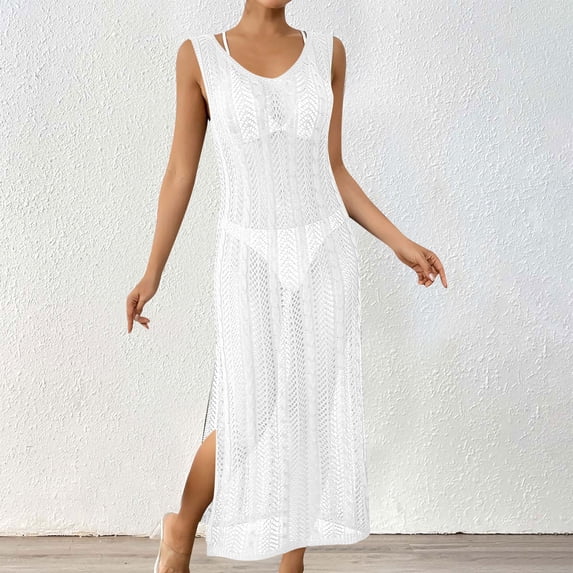 Women's Sleeveless Cable Knit Maxi Swimsuit Cover Up Black with Side Slit Long Beach Crochet Dress for Vacation Midi Cover Ups for Swimwear Women White One Size