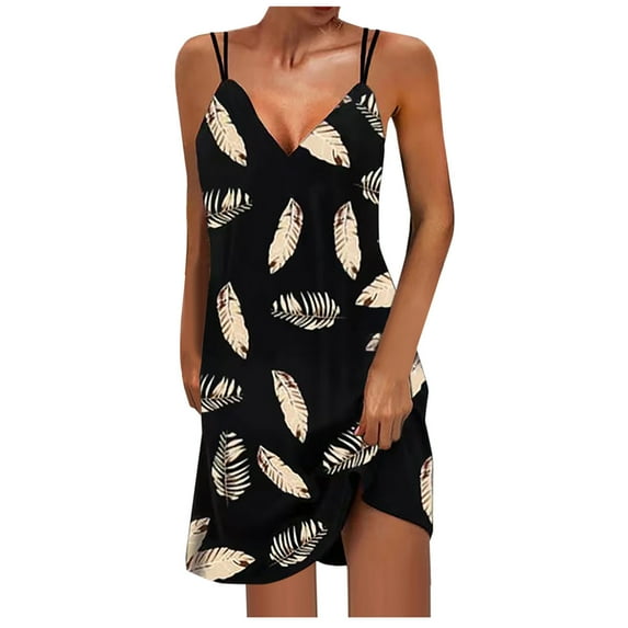 Women's Sleeveless Camis Dress Spaghetti Strap V-Neck Boho Printing Mini Dress Summer Short Beach Sundress for Women