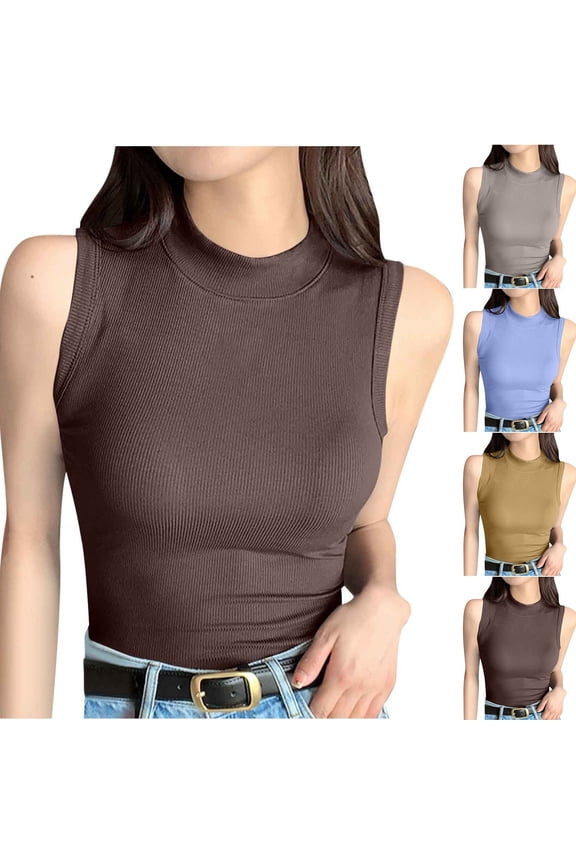 Women's Sleeveless Camisole Tank Top Cami Round Neck Threaded Undershirt Solid Color Plain Casual Daily Wear Loungewear Layering Essential Fashion Gift for Women | HAODEJW,Coffee L