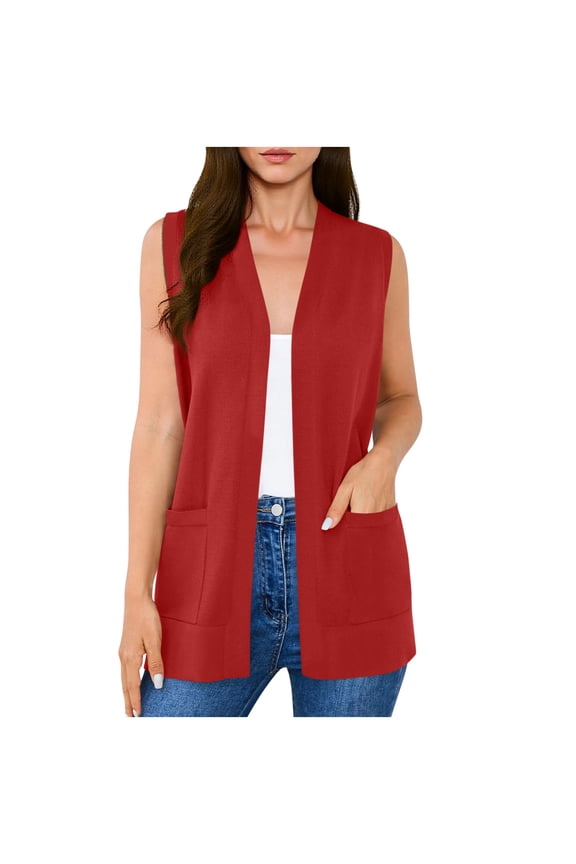 Women's Sleeveless Cardigan Tops Fashion Casual Soft office Duster Vests with Cozy Pockets Red