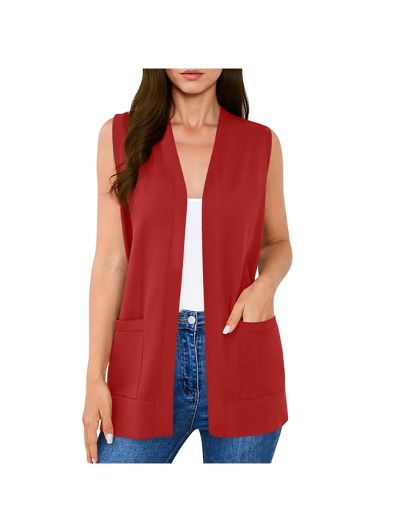 Women's Sleeveless Cardigan Tops Fashion Casual Soft office Duster Vests with Cozy Pockets Red