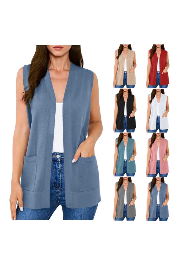 Women's Sleeveless Cardigan Tops Fashion Casual Soft office Duster Vests with Cozy Pockets White