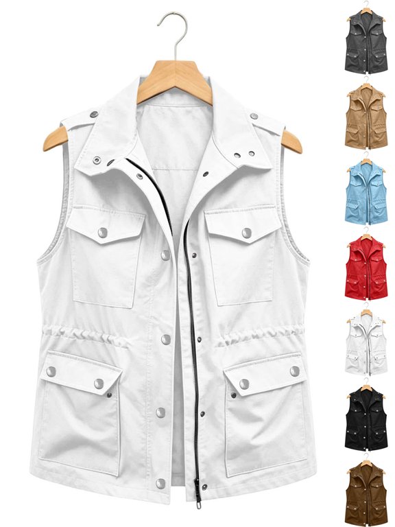 Women's Sleeveless Cargo Vest Solid Color Zip Up Drawstring Waist Utility Jacket with Multi Pockets Fall Outfits