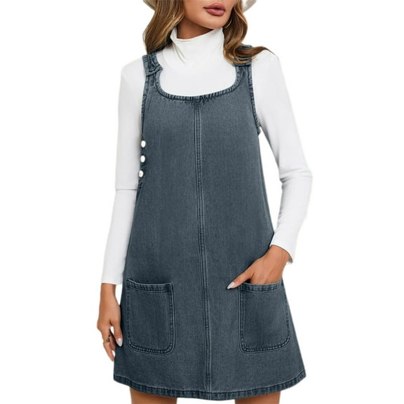 Sleeveless A-line Denim Dress Women Casual Loose Jean Dress with Pocket