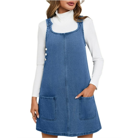 Sleeveless A-line Denim Dress Women Casual Loose Jean Dress with Pocket
