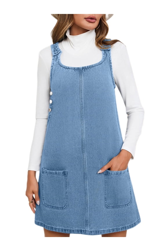 Sleeveless A-line Denim Dress Women Casual Loose Jean Dress with Pocket