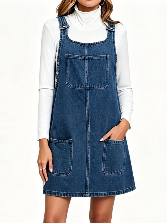 Sleeveless A-line Denim Dress Women Casual Loose Jean Dress with Pocket