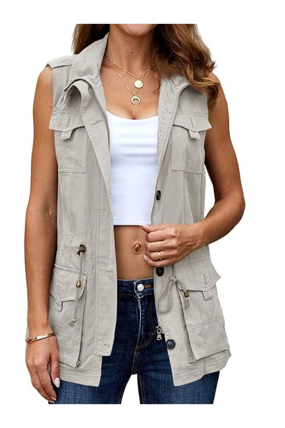 Women Sleeveless Casual Vest Lightweight Drawstring Jackets with Pockets