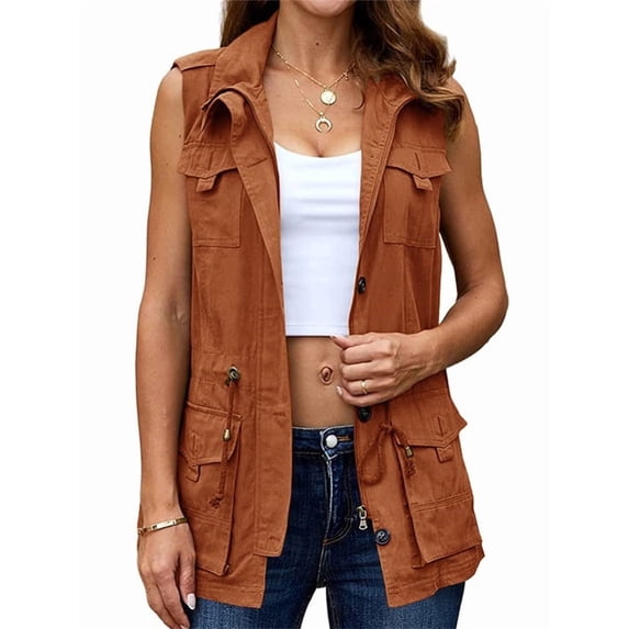 Women Sleeveless Casual Vest Lightweight Drawstring Jackets with Pockets