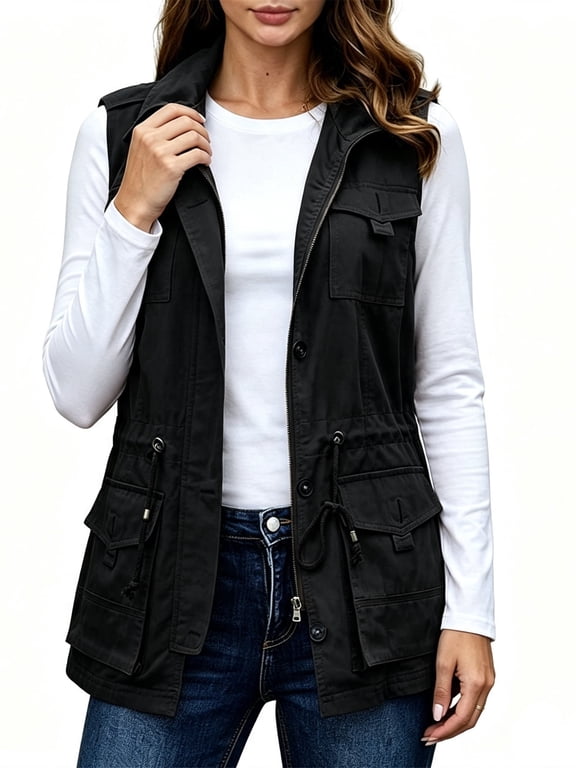 Women Sleeveless Casual Vest Lightweight Drawstring Jackets with Pockets