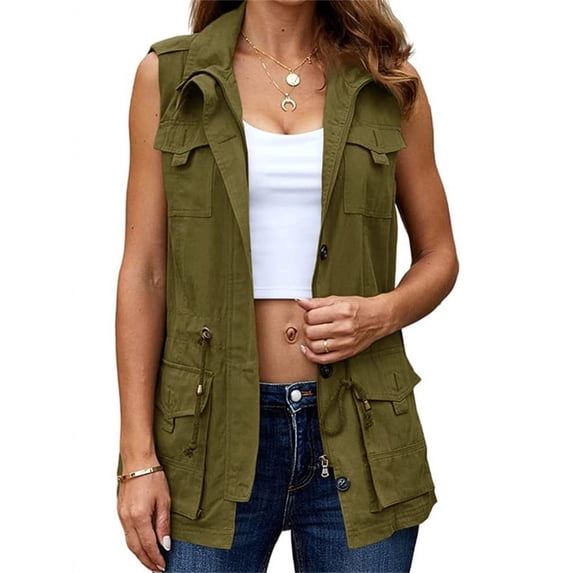 Women Sleeveless Casual Vest Lightweight Drawstring Jackets with Pockets