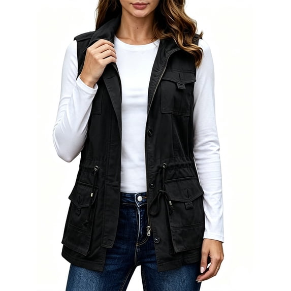 Women Sleeveless Casual Vest Lightweight Drawstring Jackets with Pockets