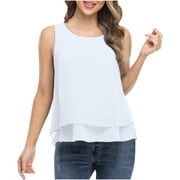 Women's Sleeveless Chiffon Tank Top Summer Crewneck Double Layers Casual Solid Color Blouse Tunic