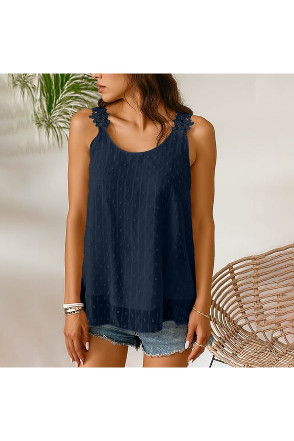 Women's Sleeveless Chiffon Tank Top with Ruffle Hem and Lace Trim Casual Summer Blouse