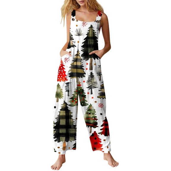 Women's Sleeveless Christmas Print Jumpsuit - Casual Cotton Romper, White Size S